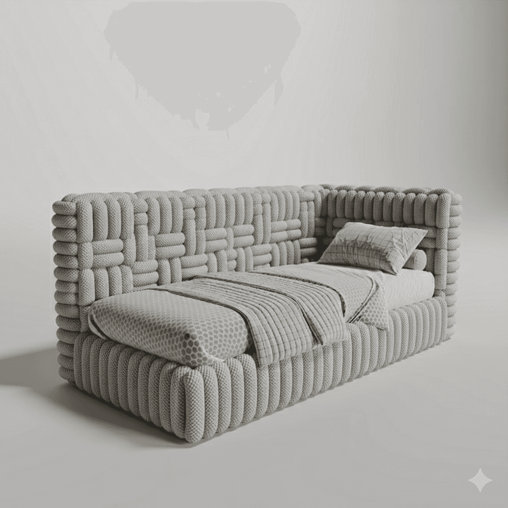 A contemporary upholstered bed frame with a distinctive woven or braided texture covering the entire… — free FBX 3D model