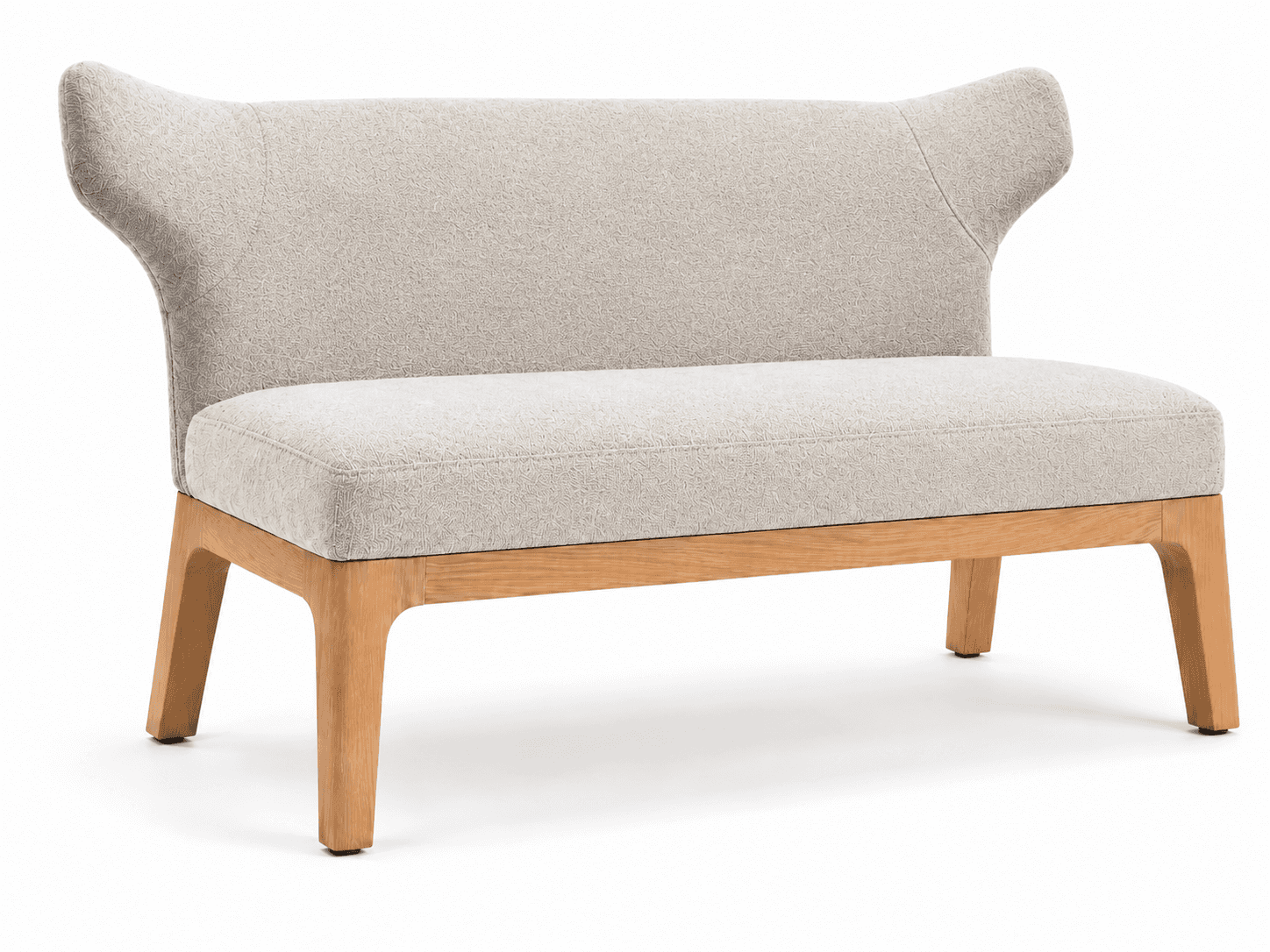 An upholstered two-seater settee with a light wood base and a subtly winged backrest, covered in a l… — 3D model