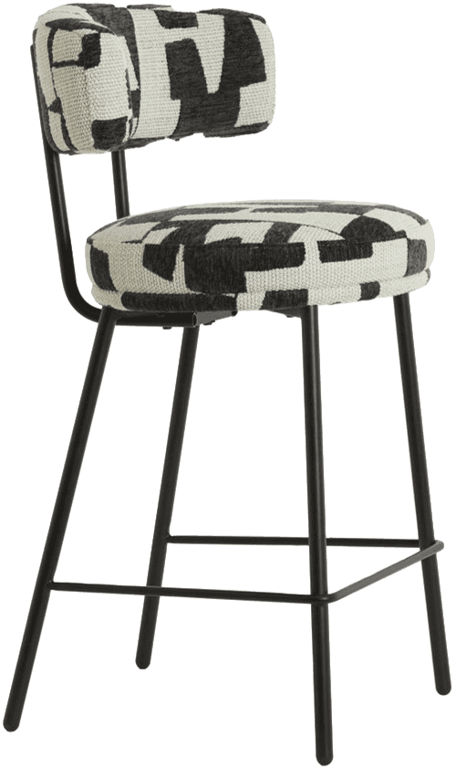 A modern bar stool with a metal frame and upholstered seat and backrest. The upholstery features a g… — 3D model