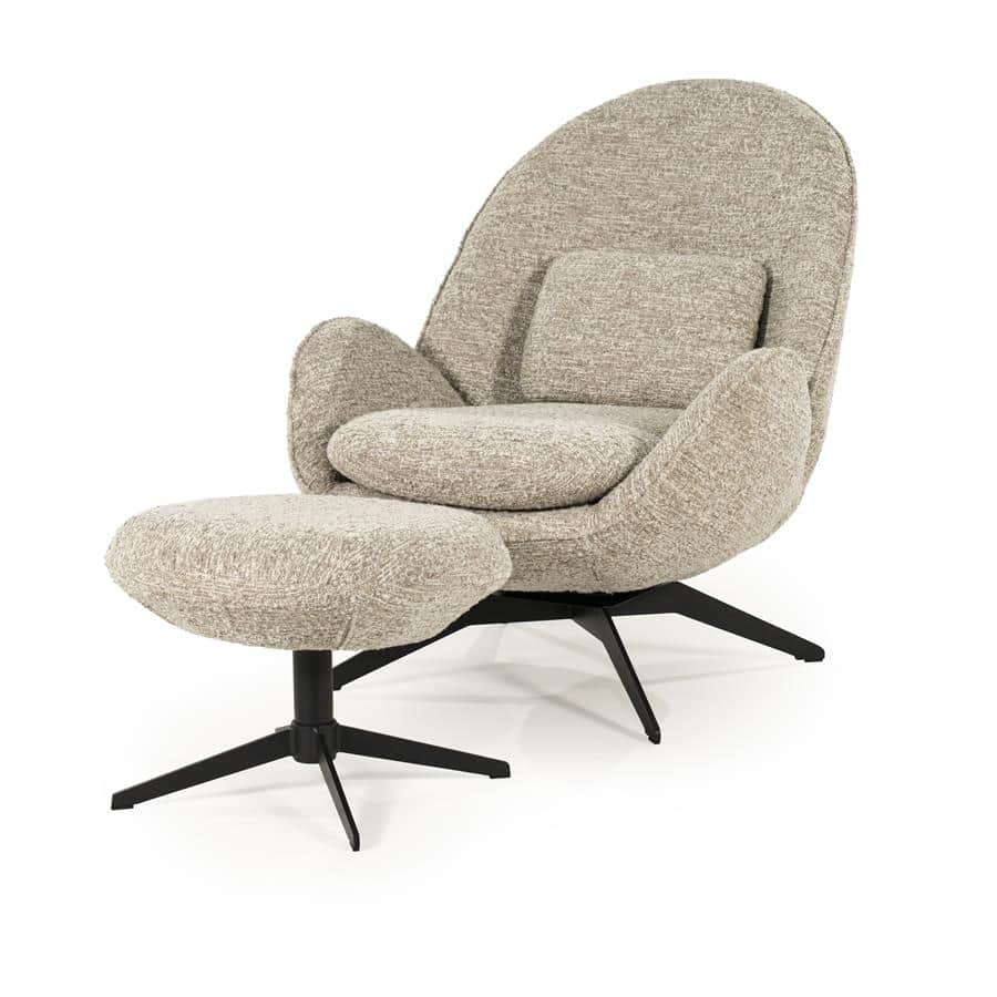 A modern armchair with an integrated ottoman, both upholstered in a textured, light-colored fabric.… — 3D model