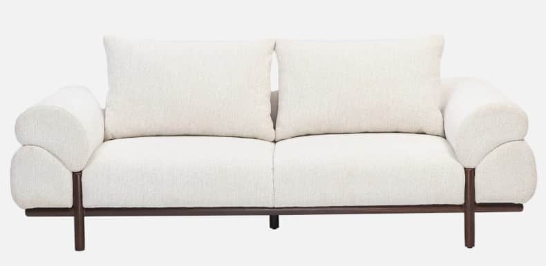 A contemporary two-seater sofa featuring a low-profile exposed dark wooden frame. The upholstery is… — 3D model