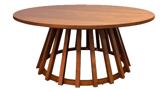 A round wooden dining table featuring a distinct slatted pedestal base. The tabletop is smooth and c… — free BLEND 3D model