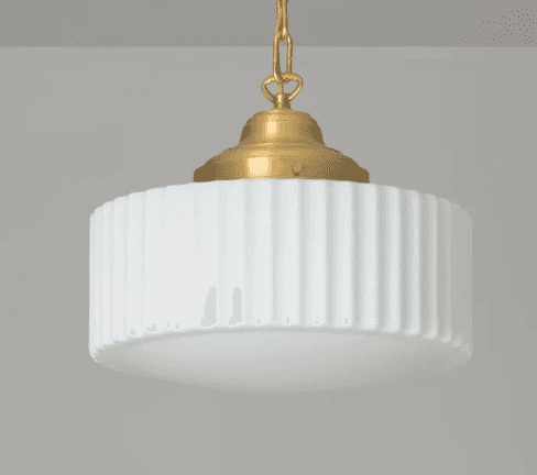 A close-up view of a ceiling-mounted pendant light featuring a brass canopy and suspension chain, co… — 3D model