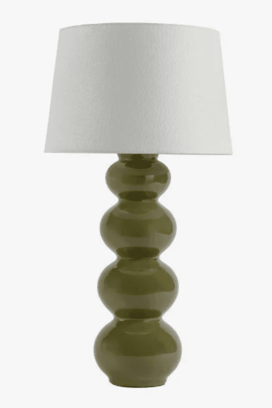 A table lamp featuring a stacked bobble-shaped ceramic base in an olive green glossy finish, topped… — 3D model