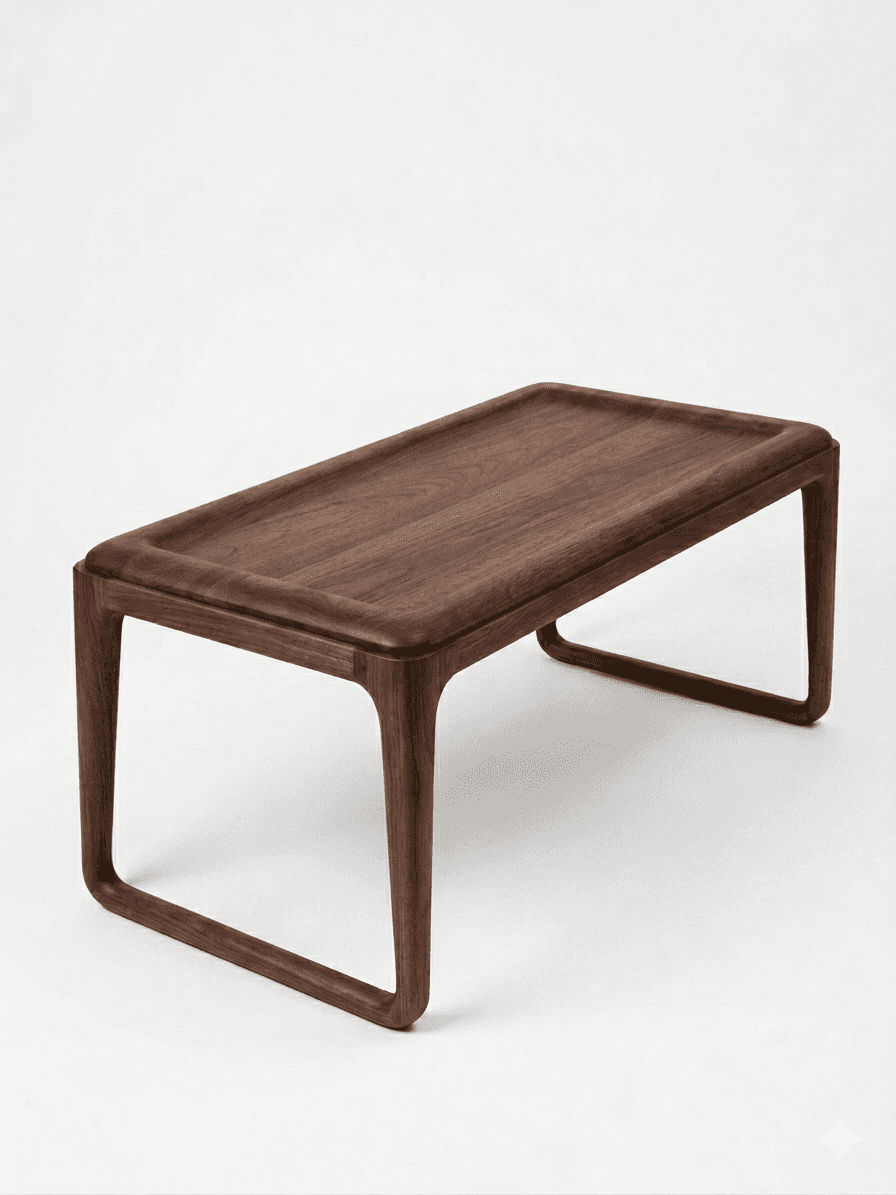 A modern, low-profile coffee table with a rectangular top and a subtle raised edge. The table featur… — 3D model