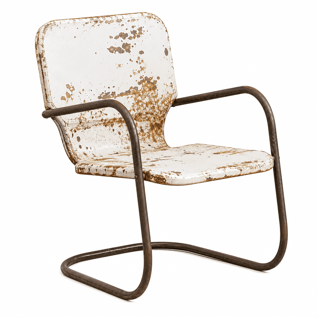 A vintage industrial armchair featuring a white enameled steel seat and back, heavily distressed wit… — free OBJ 3D model