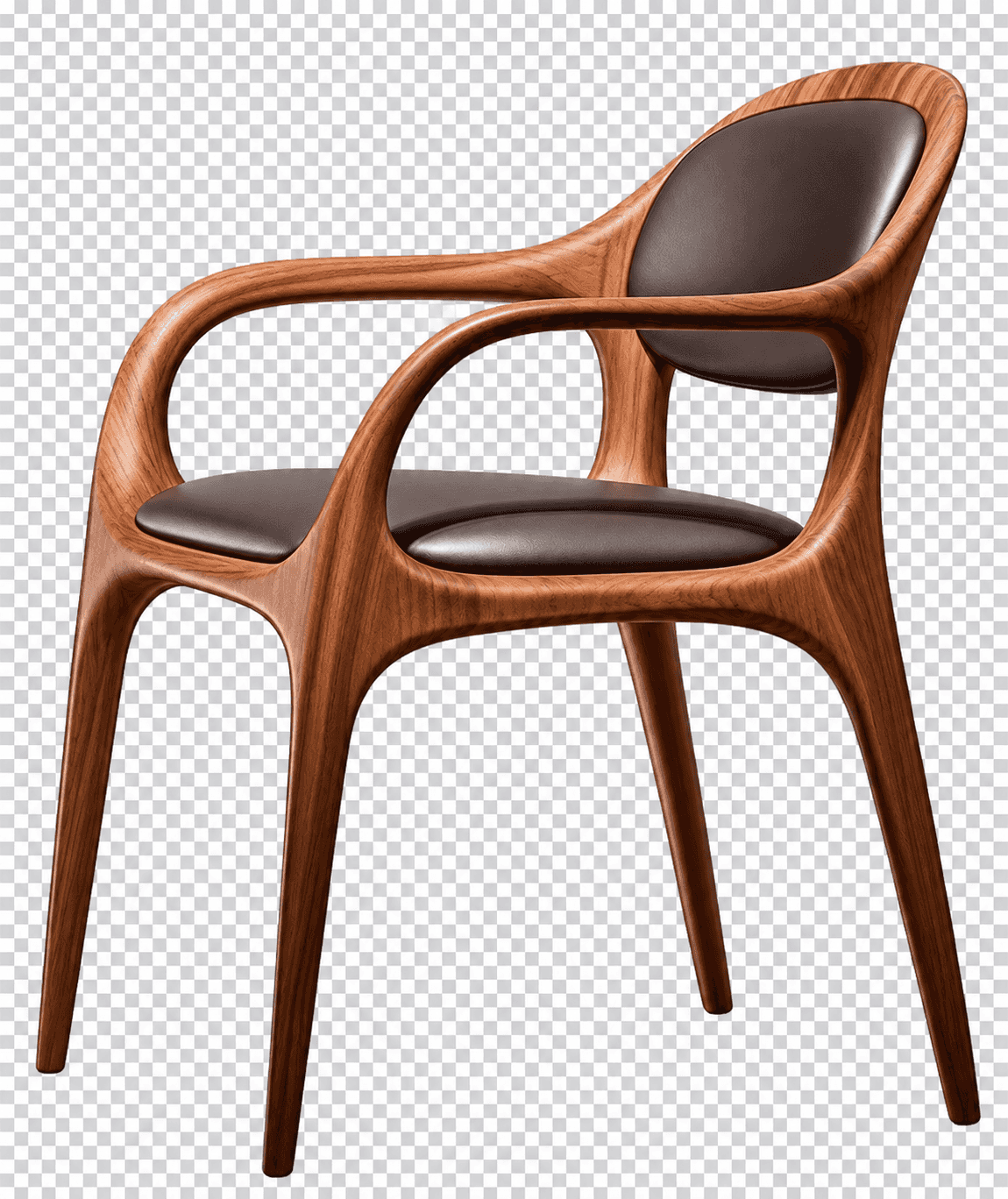A modern armchair featuring a sculpted, bentwood frame in a rich, dark brown wood tone, likely walnu… — 3D model