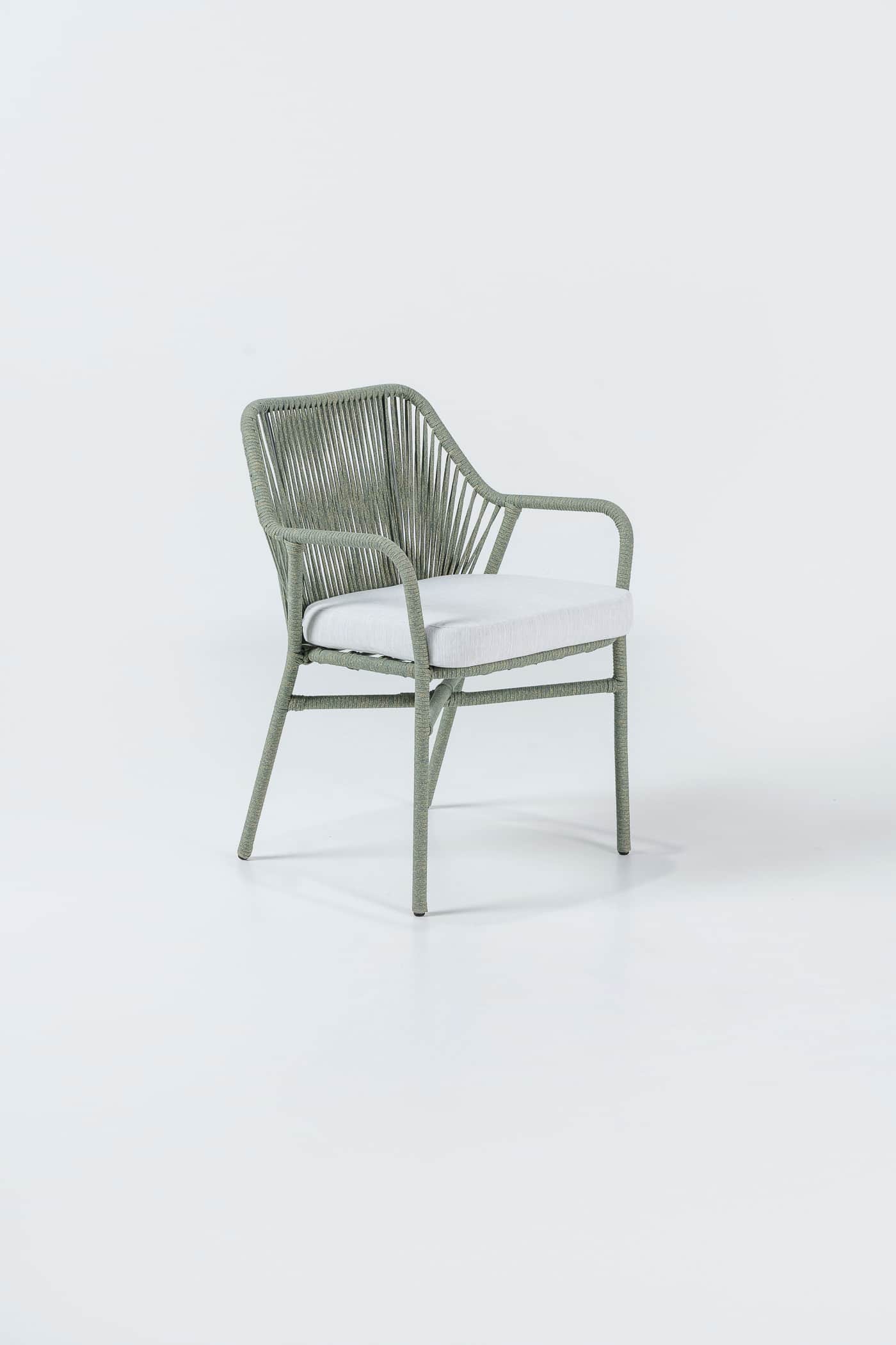 An armchair with a frame constructed from a tubular material, likely metal, wrapped in green cord or… — free GLTF 3D model