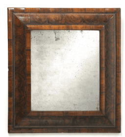 A square wall mirror featuring a substantial, stepped wooden frame with a rich, intricate burl wood… — 3D model
