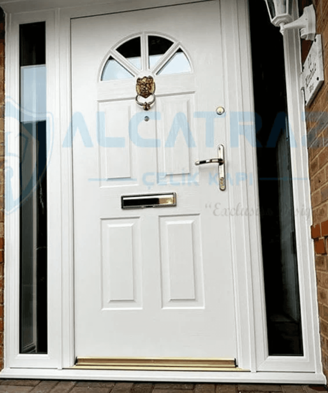 A white uPVC front door featuring a traditional paneled design and an arched glazed section at the t… — 3D model