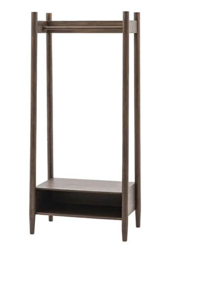 A tall, free-standing coat rack with a minimalist design. It features a wooden frame with two vertic… — free OBJ 3D model