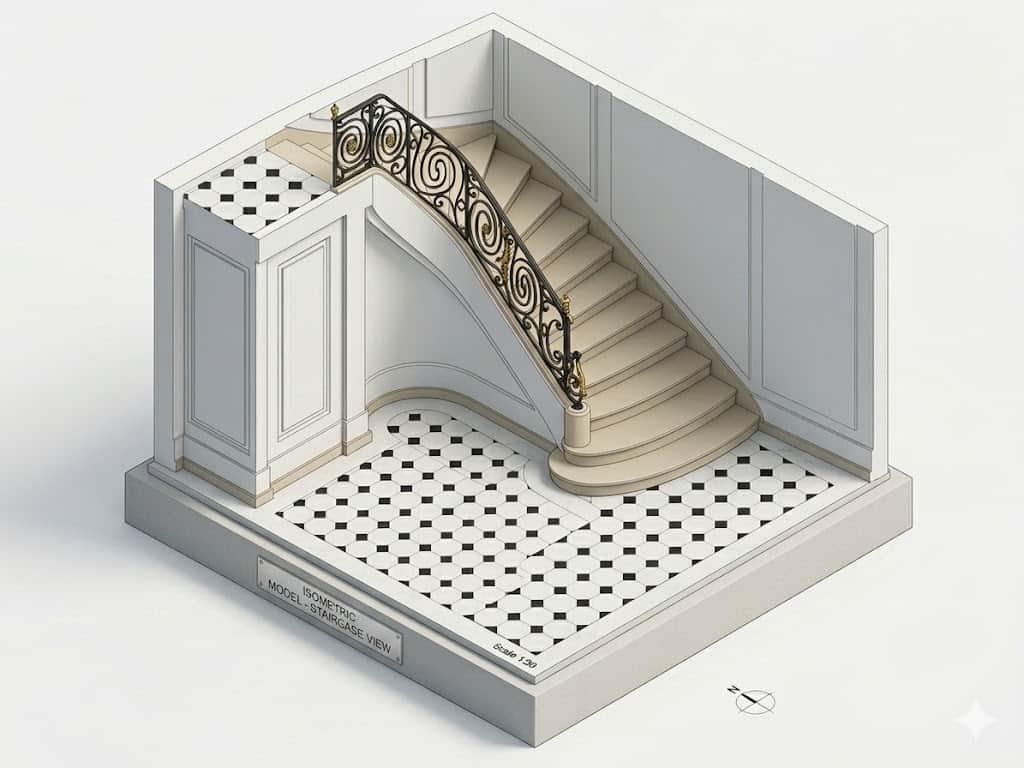 An isometric model of a staircase with a curved landing and a decorative metal balustrade. The stair… — free OBJ 3D model