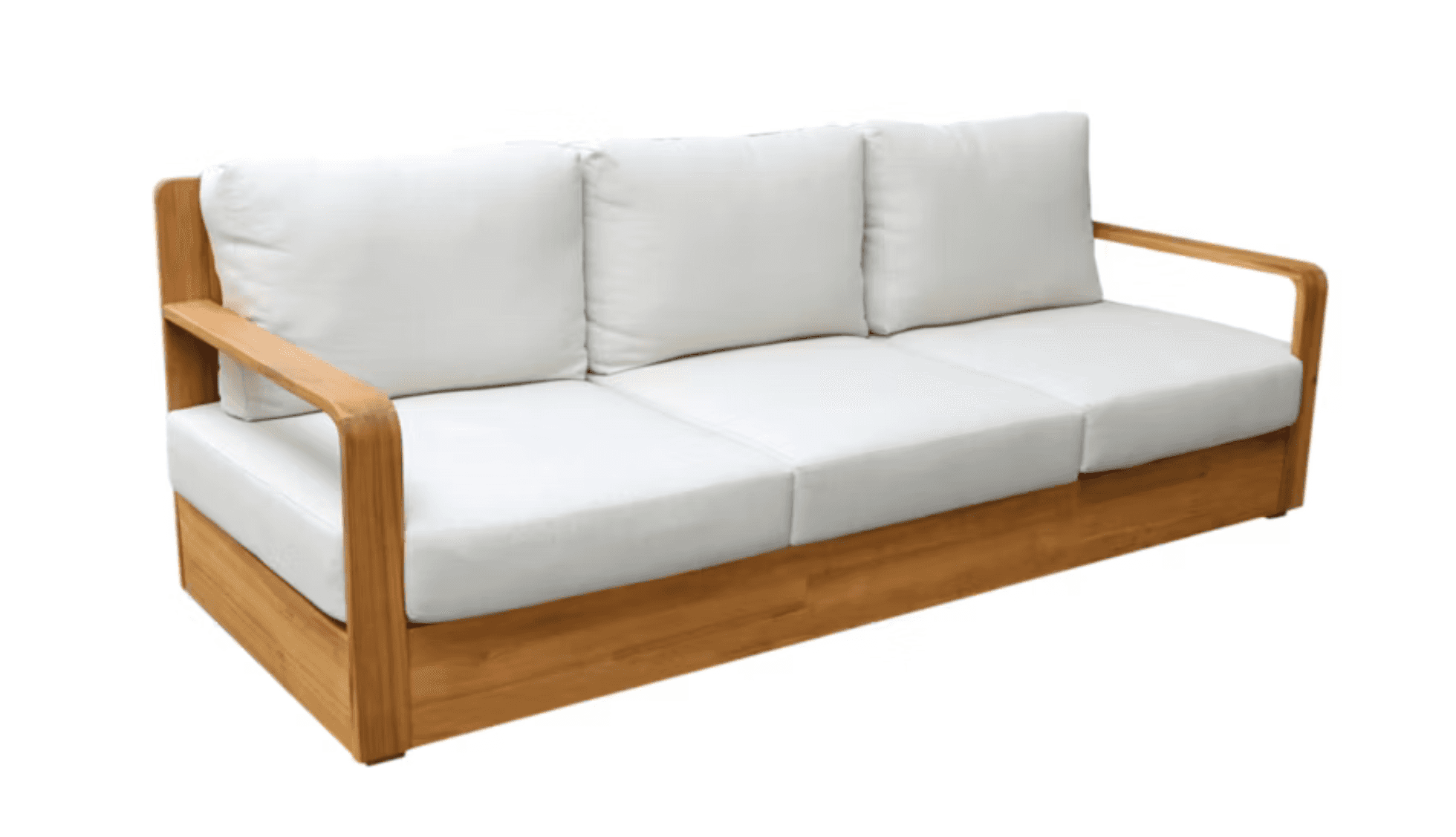 A modern three-seater sofa featuring a light-colored wooden frame with slatted sides and back, and t… — 3D model