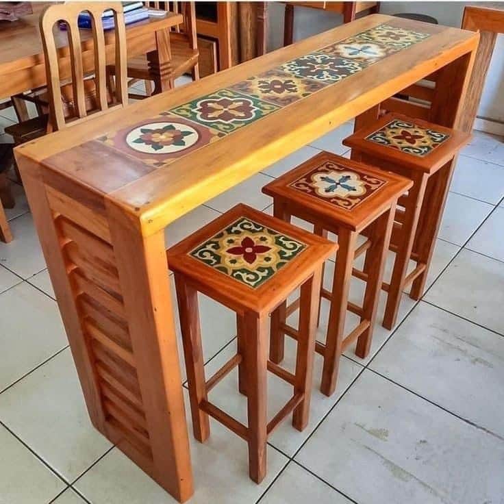 The image features a rustic-style bar table and three matching bar stools, all crafted from light-to… — 3D model