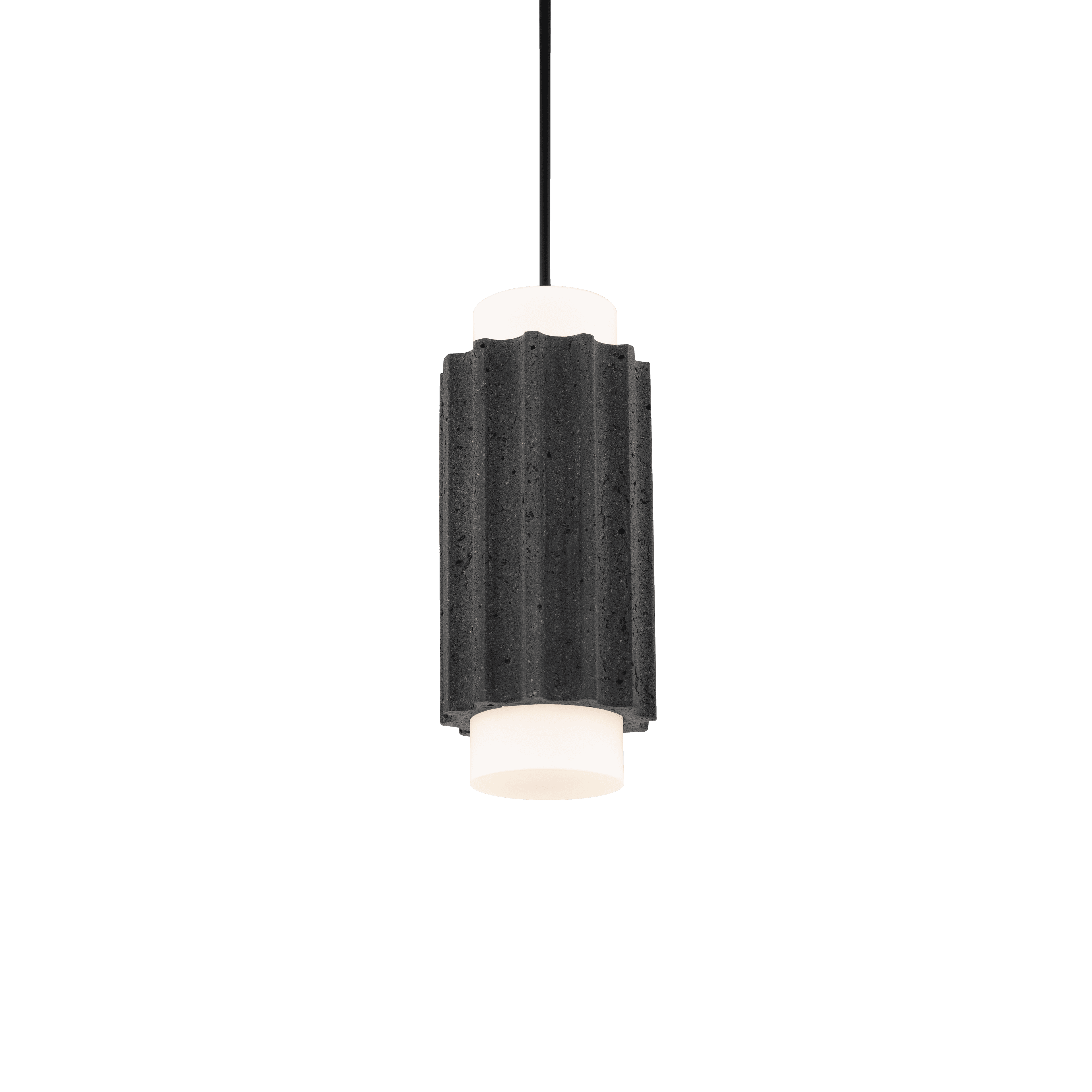 A contemporary cylindrical pendant light featuring a dark grey, corrugated outer shade that appears… — 3D model