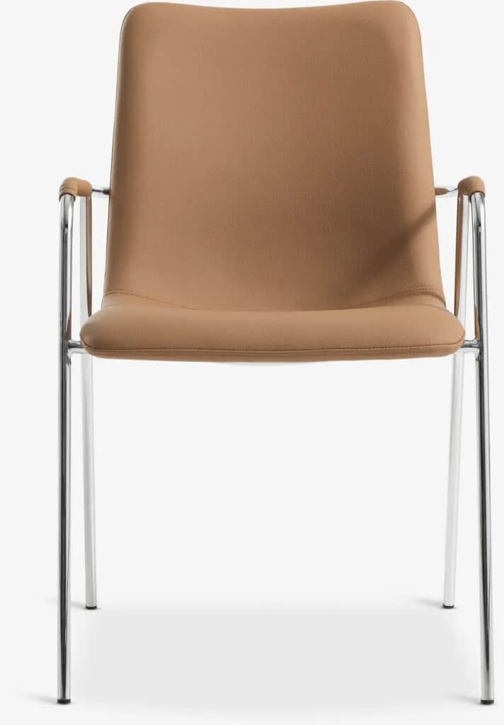 A modern armchair featuring tan-colored upholstery and a polished chrome tubular frame. The chair ha… — 3D model