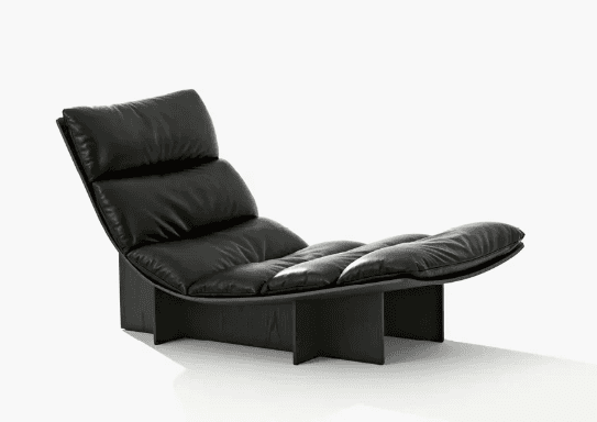 A modern chaise lounge featuring a black padded, segmented design, supported by a low-profile, dark-… — 3D model