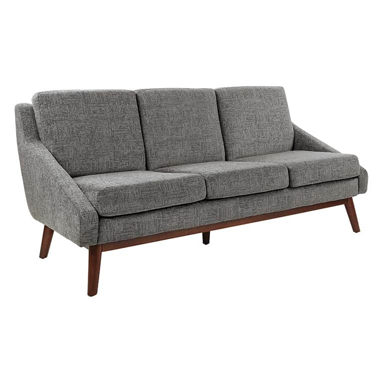 A gray upholstered three-seater sofa with a mid-century modern design, featuring a visible wooden ba… — 3D model