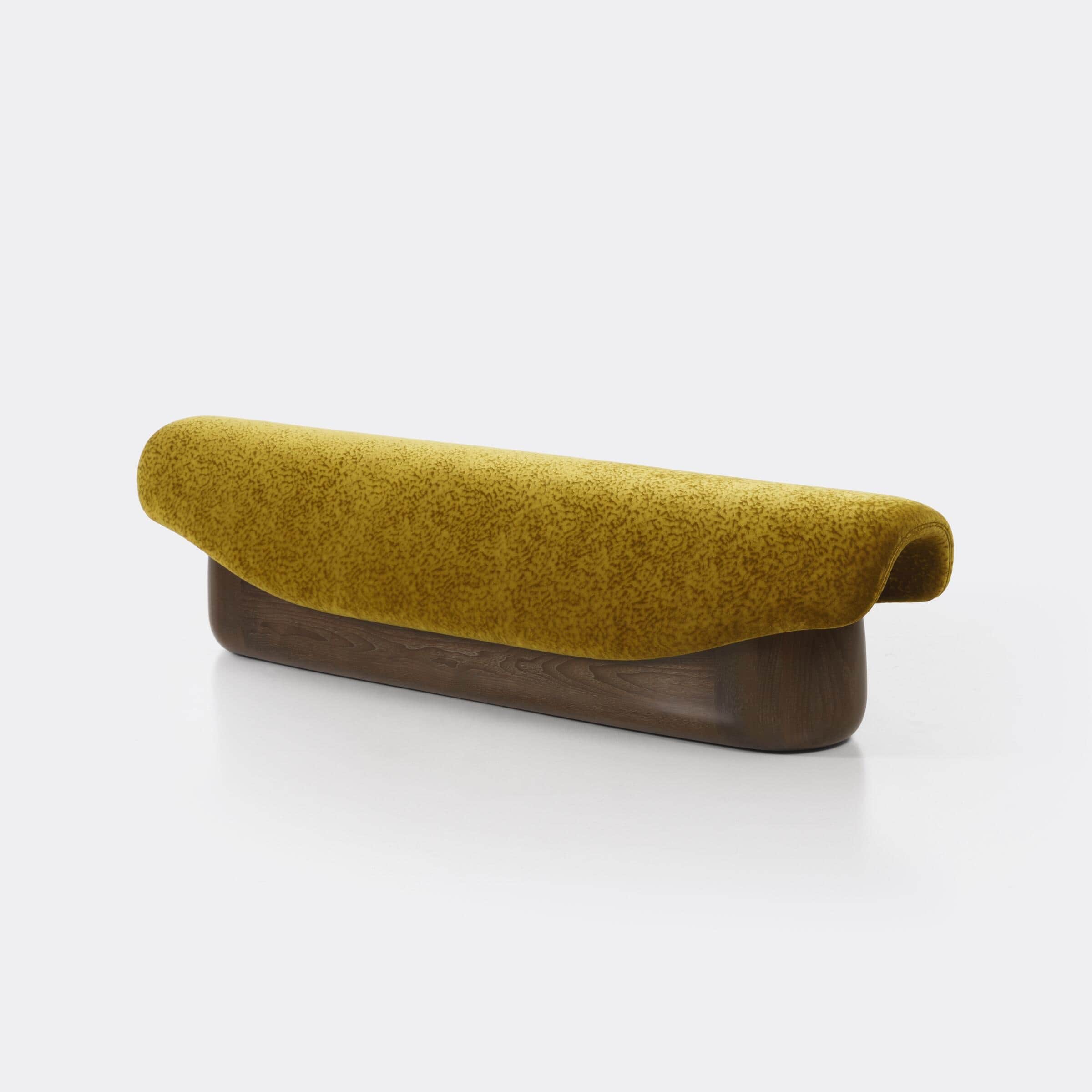 A contemporary bench with a curved, upholstered seat and a solid wooden base. The seat is covered in… — free SKP 3D model