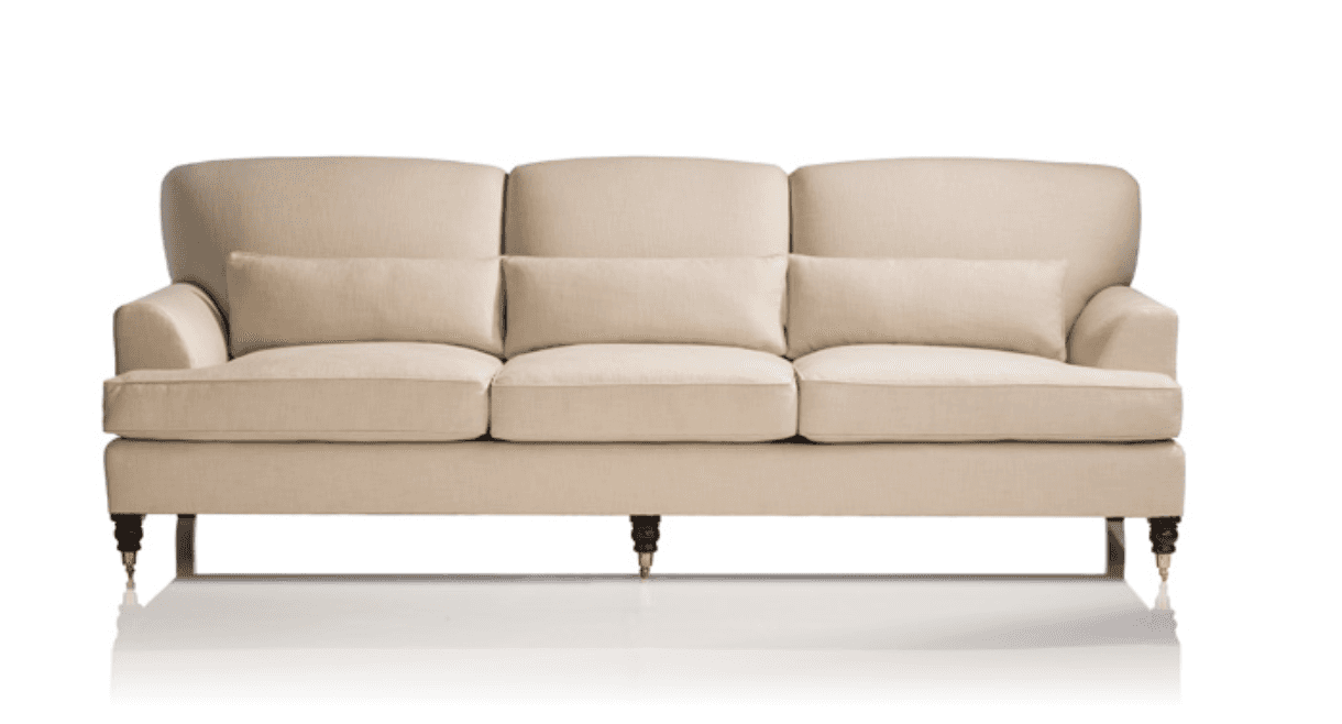 A three-seater sofa with a light beige linen upholstery. It features a slightly curved back, rolled… — 3D model