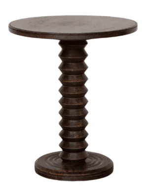 A dark wood side table with a circular top and a pedestal base. The pedestal has a distinctive segme… — 3D model