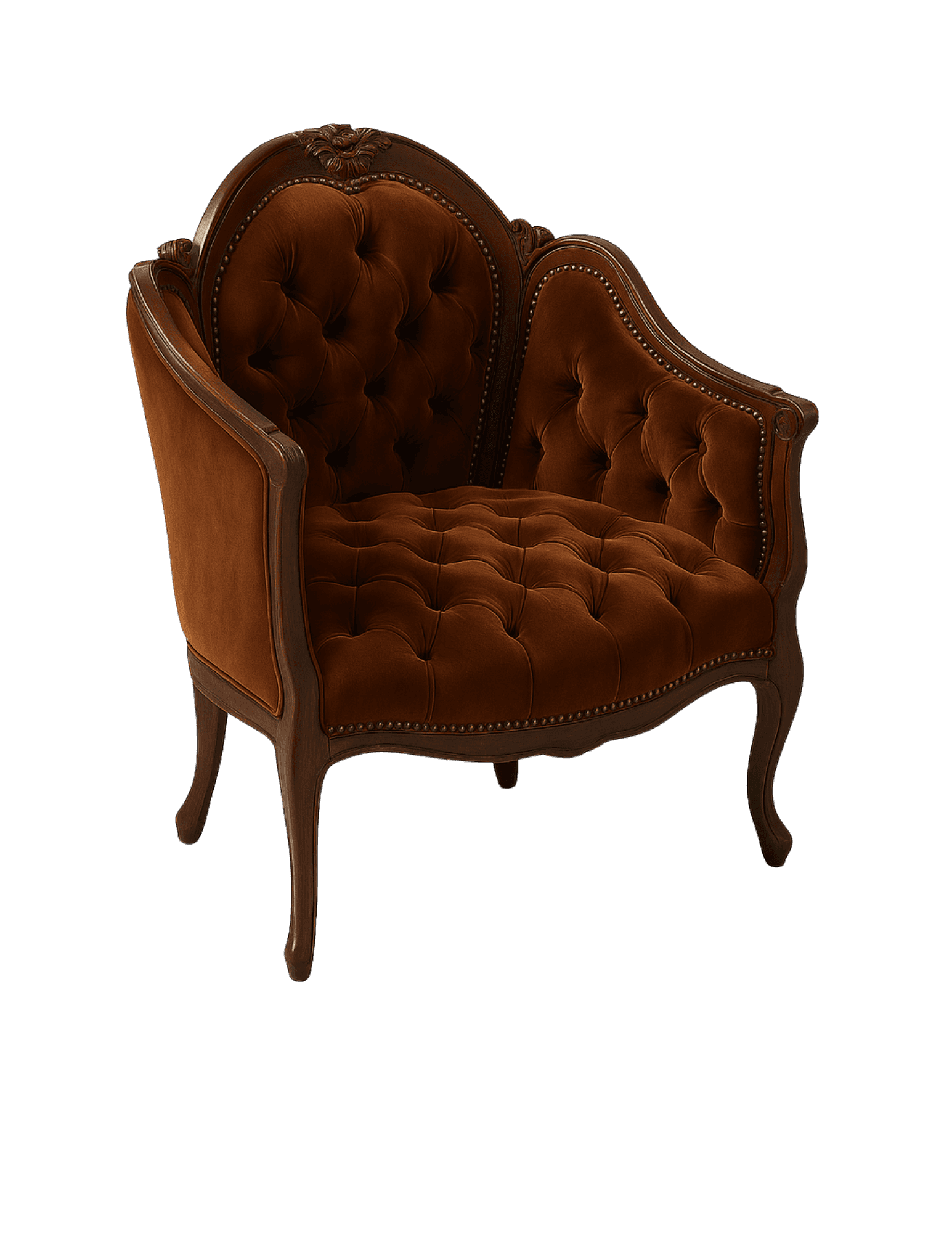 A vintage-style armchair with a carved wooden frame and tufted upholstery. The armchair features a h… — 3D model
