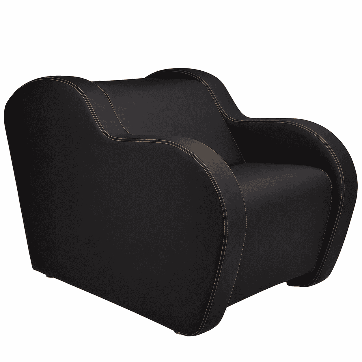 A compact modern armchair upholstered in black material, featuring prominent tan contrast stitching… — 3D model