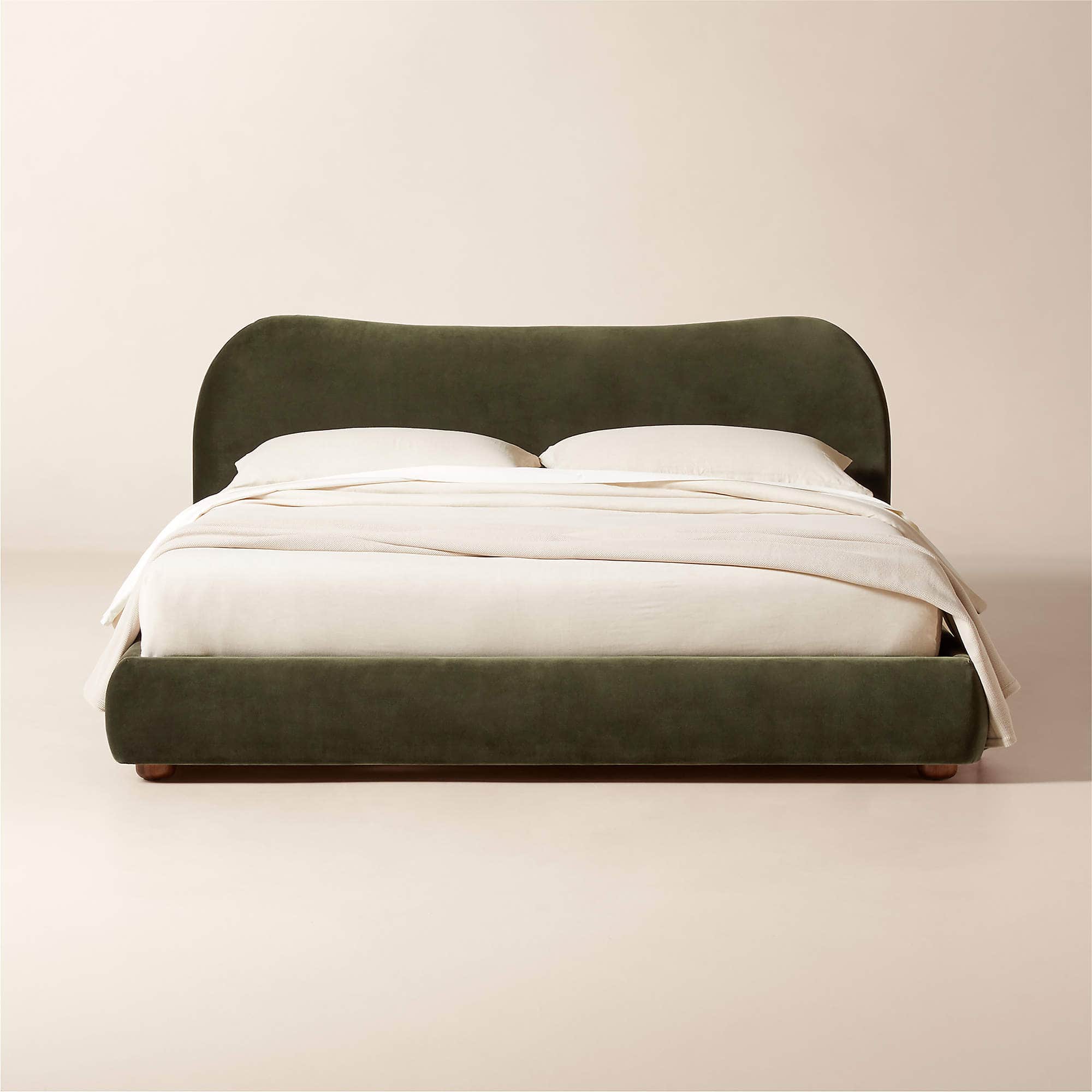 A upholstered bed frame with a curved headboard and a low-profile base. The bed is shown with off-wh… — free STL 3D model