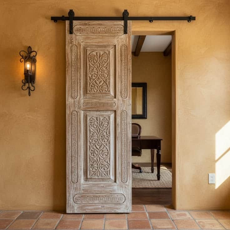 A single, distressed carved wooden barn door is suspended from a black metal sliding track. The door… — 3D model