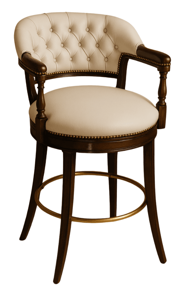 A dark brown wooden bar stool with a tufted off-white upholstered seat and backrest. It features cur… — free SKP 3D model