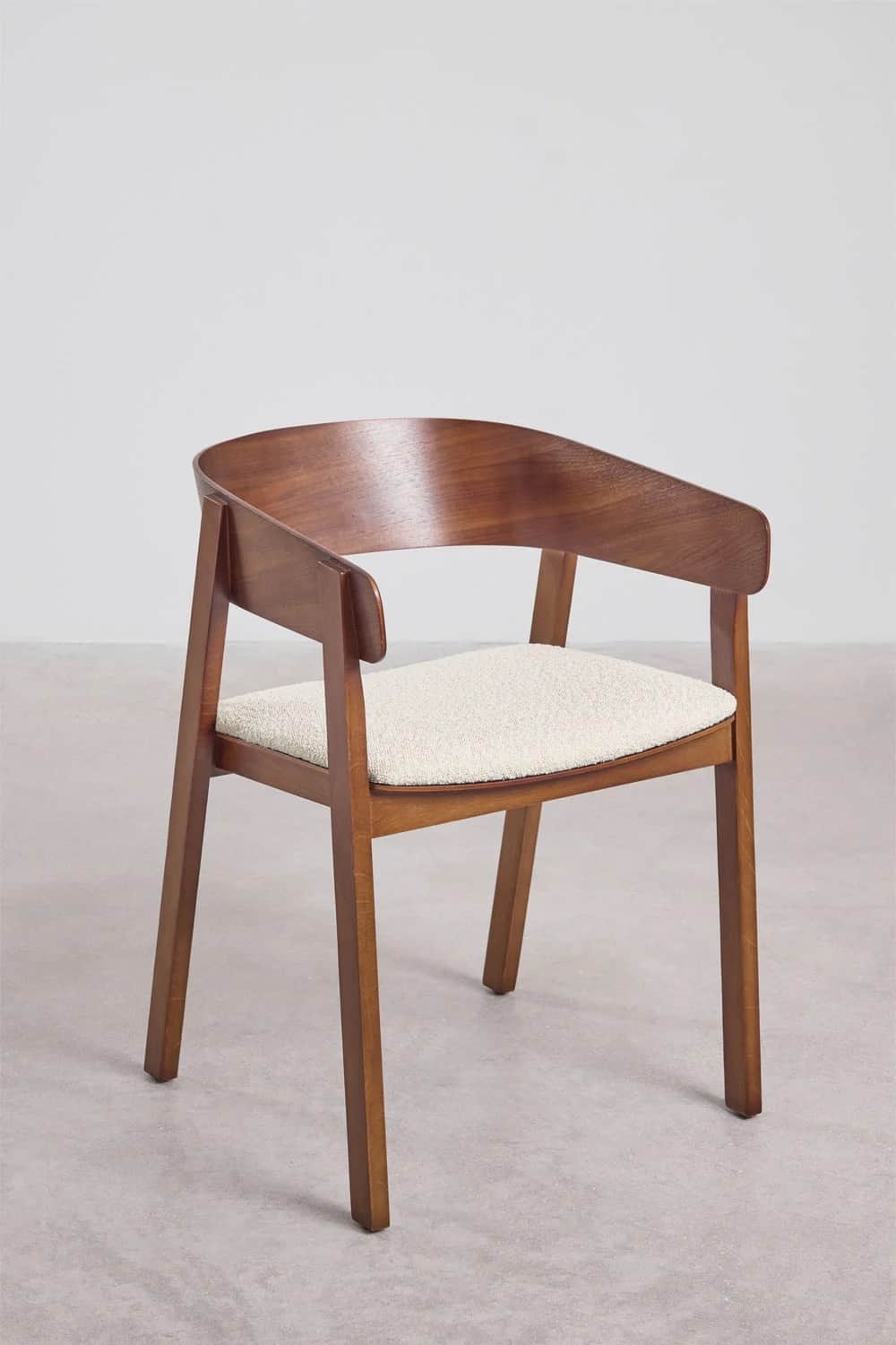 A wooden armchair with a curved backrest and armrests. The seat appears to be upholstered in a dark… — free GLTF 3D model