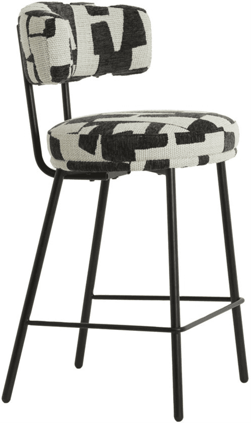 A bar stool featuring a upholstered seat and backrest with a geometric black and white pattern. The… — free SKP 3D model
