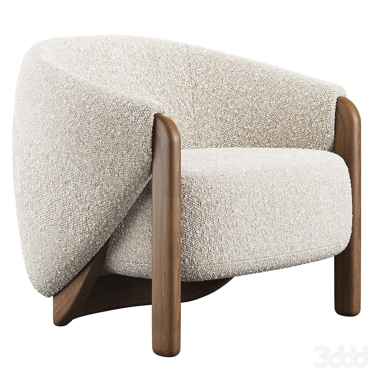 A modern armchair featuring a rounded, upholstered body with a textured boucle fabric and a prominen… — free OBJ 3D model
