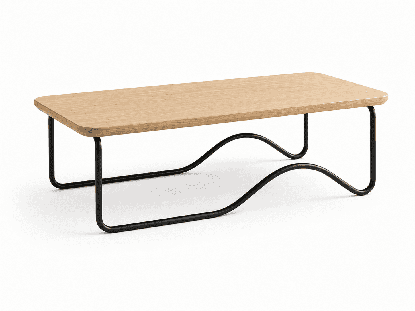 A rectangular coffee table with a light wood top and a black metal base. The base features two U-sha… — free FBX 3D model