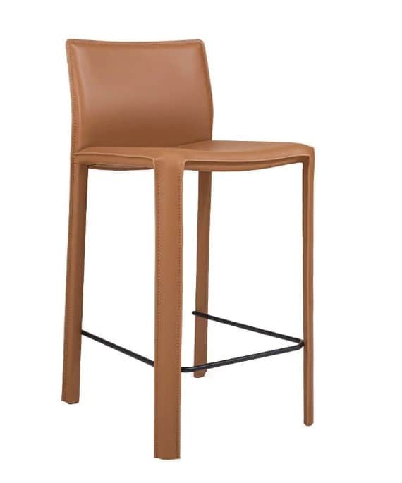 A modern bar stool featuring a continuous tan leather upholstery over its frame, including the seat,… — 3D model