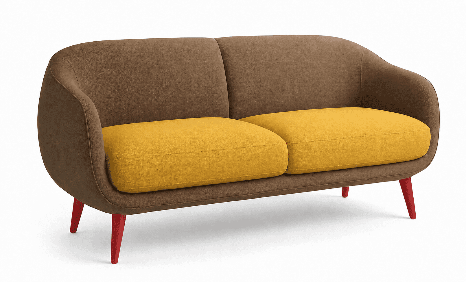 A modern two-seater sofa (loveseat) with a rounded, enveloping design. It features a brown upholster… — 3D model