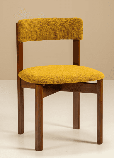 A wooden dining chair with a upholstered seat and backrest. The chair has a simple, modern design wi… — 3D model