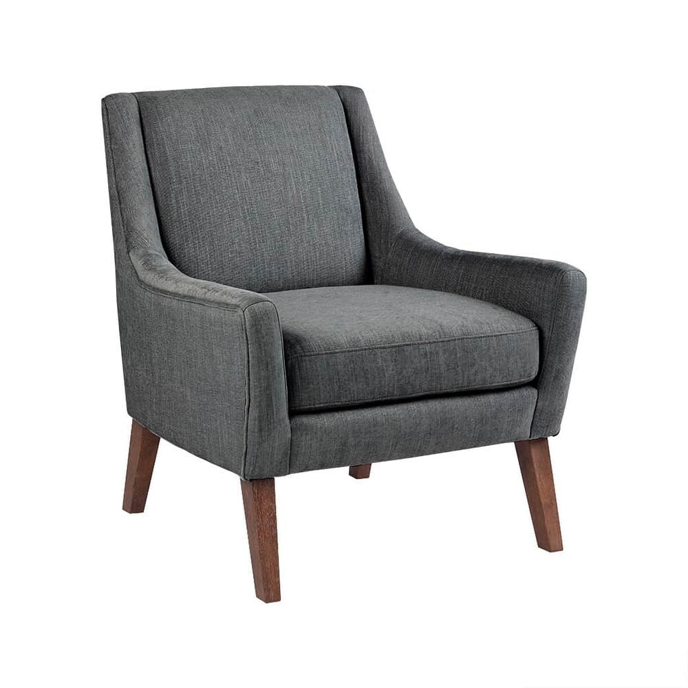A charcoal grey upholstered armchair with a high back and subtly flared armrests. The chair features… — free GLTF 3D model