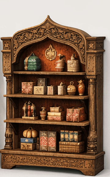 A wooden bookshelf with intricate carvings and multiple shelves. The top features an arched pediment… — 3D model