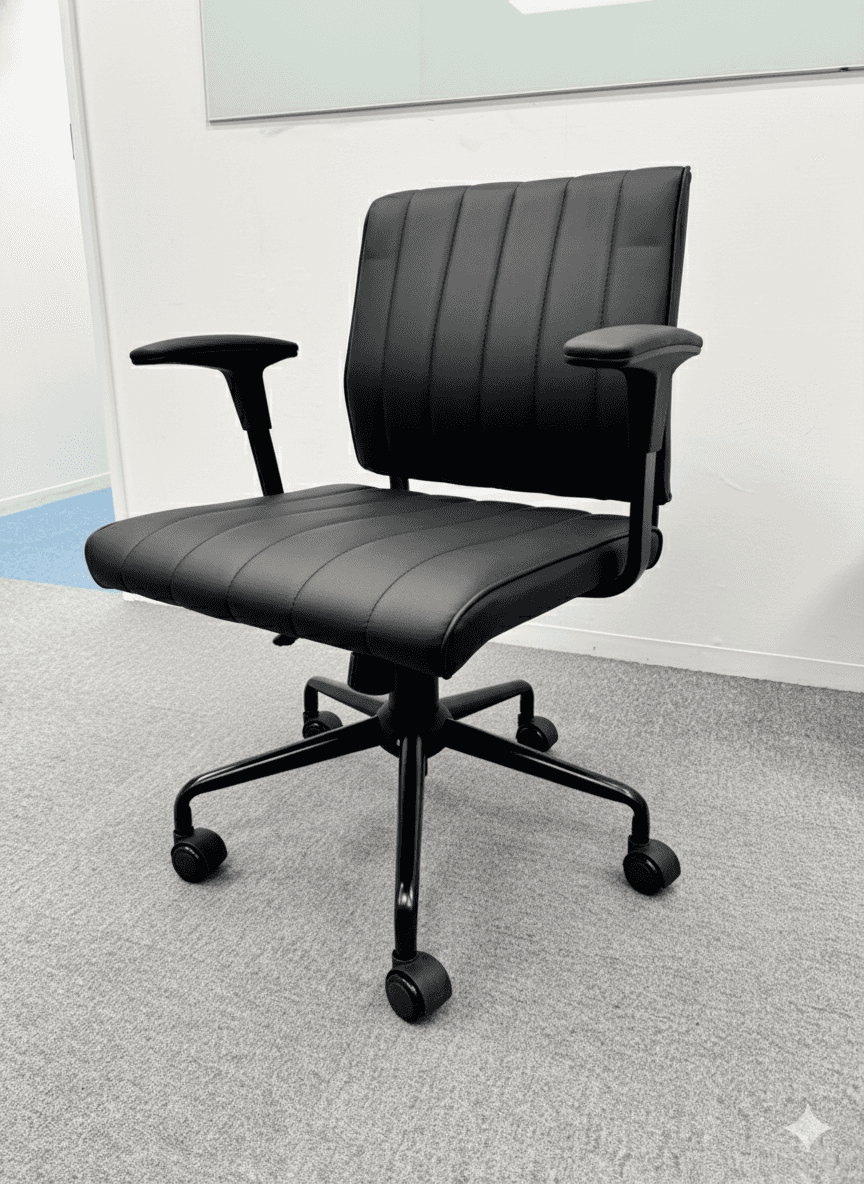 A black office chair with a padded seat and back, featuring vertical stitching. It has adjustable ar… — free BLEND 3D model