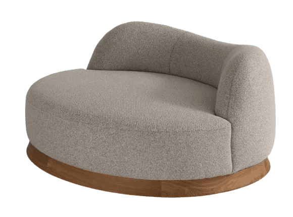 A modern, low-profile lounge chair with a curved, asymmetrical backrest and armrest, upholstered in… — 3D model
