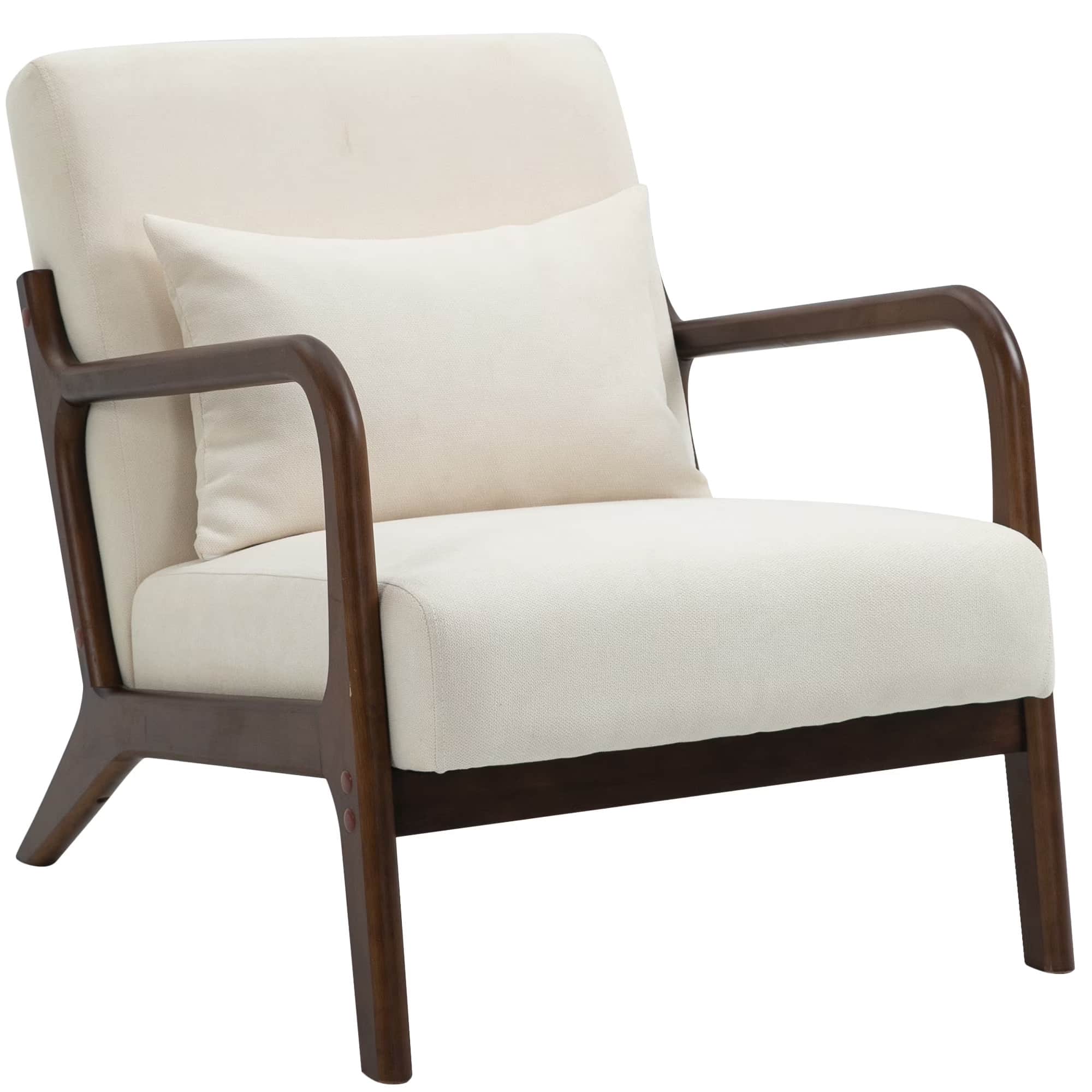 An upholstered lounge chair featuring a visible dark wood frame and light-colored fabric. The chair… — free OBJ 3D model