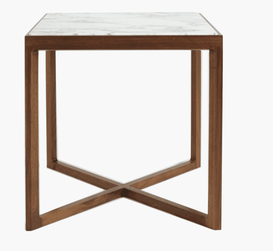 A modern end table featuring a rectangular white marble top with subtle grey veining, supported by a… — 3D model