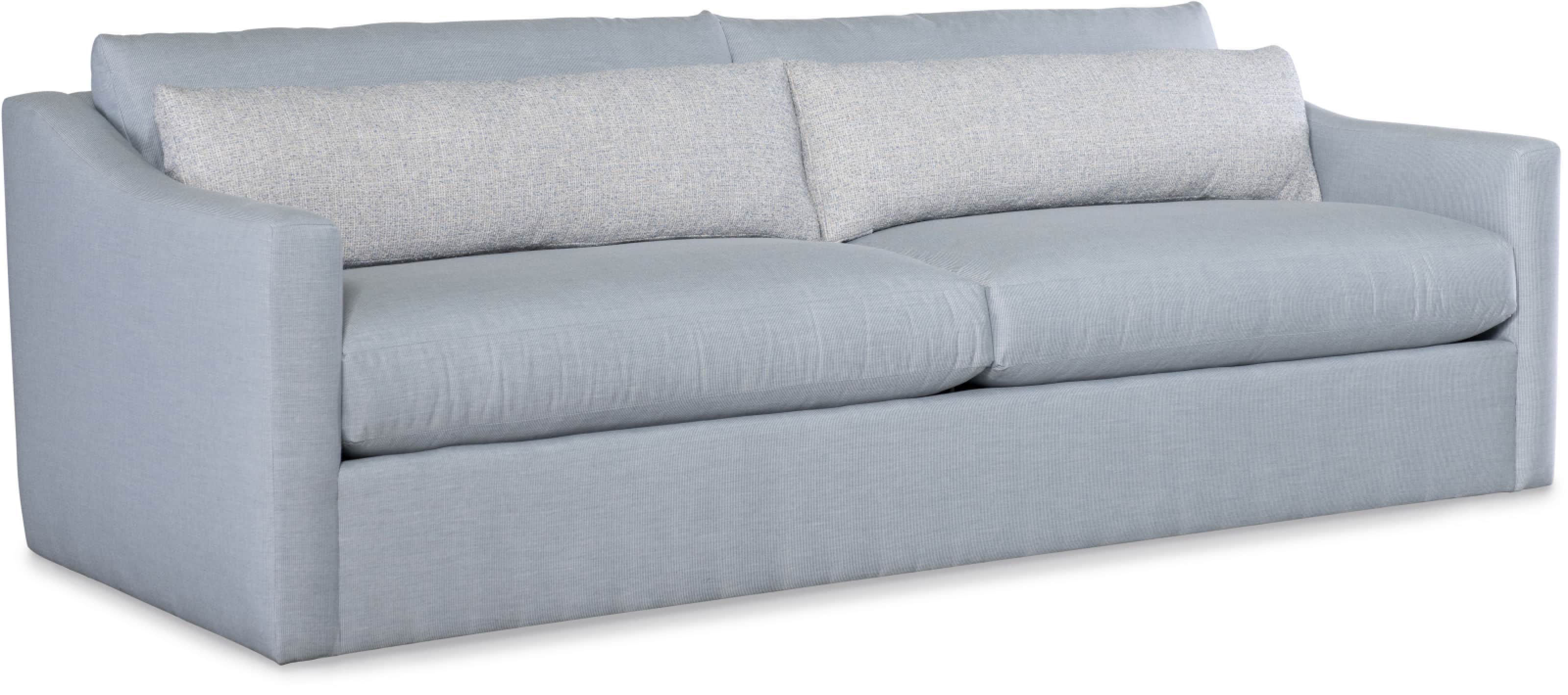 A contemporary light blue fabric sofa featuring broad track arms and a fully upholstered base. It in… — 3D model