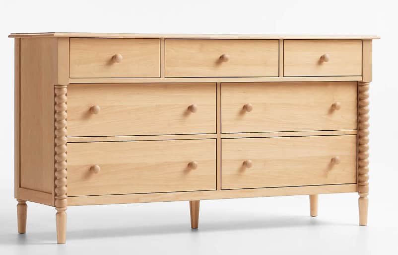 A light-colored wooden dresser featuring a total of seven drawers. The top row has three smaller dra… — free OBJ 3D model