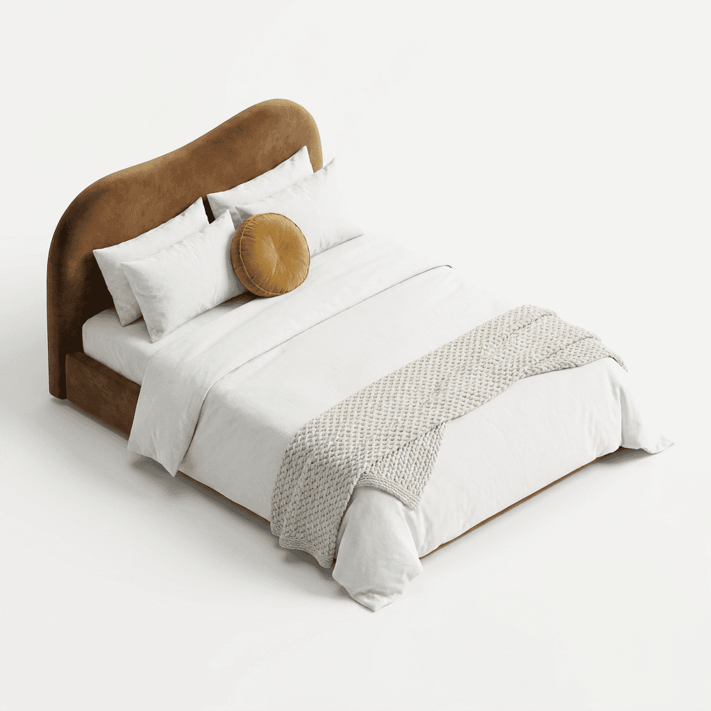 A modern platform bed featuring a distinctive curved, upholstered headboard in a rich brown, suede-l… — 3D model