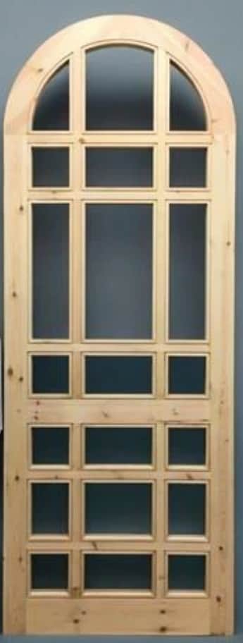 A wooden door with an arched top, featuring multiple glass panes arranged in a grid pattern. The doo… — free OBJ 3D model