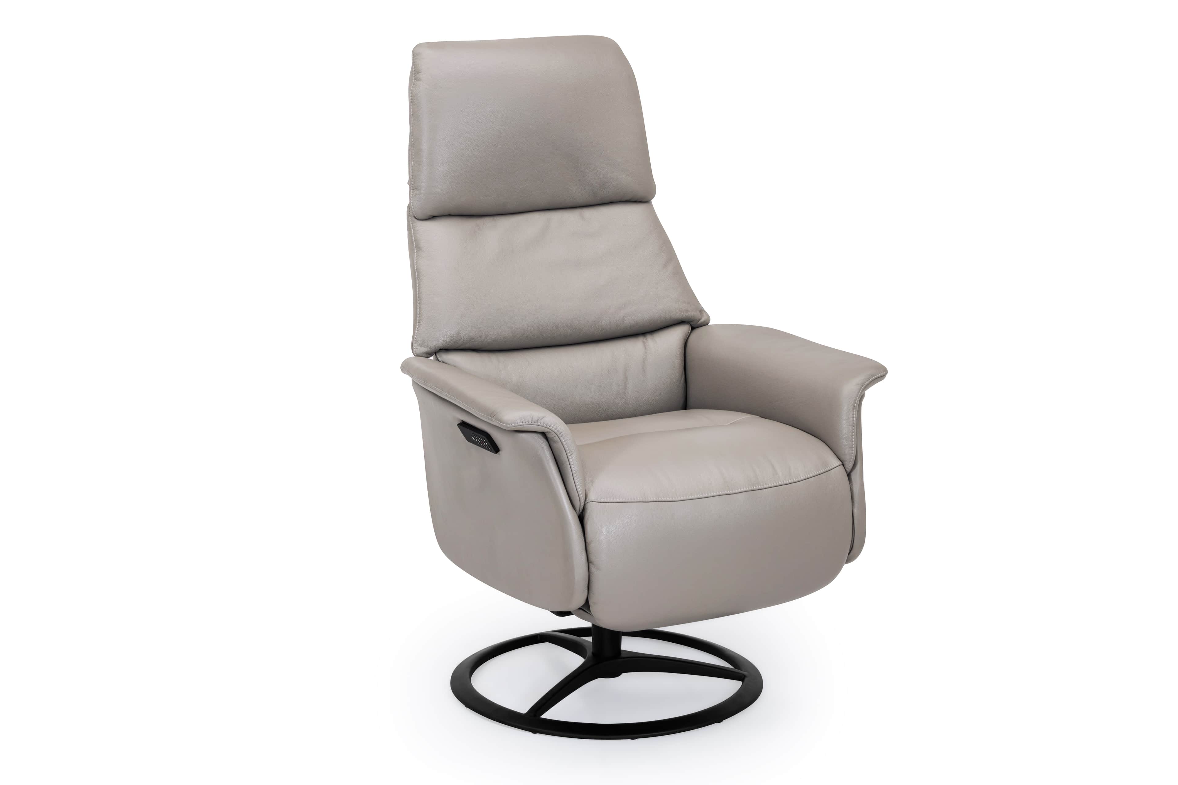 A contemporary powered recliner chair upholstered in light gray leather, featuring segmented back an… — 3D model