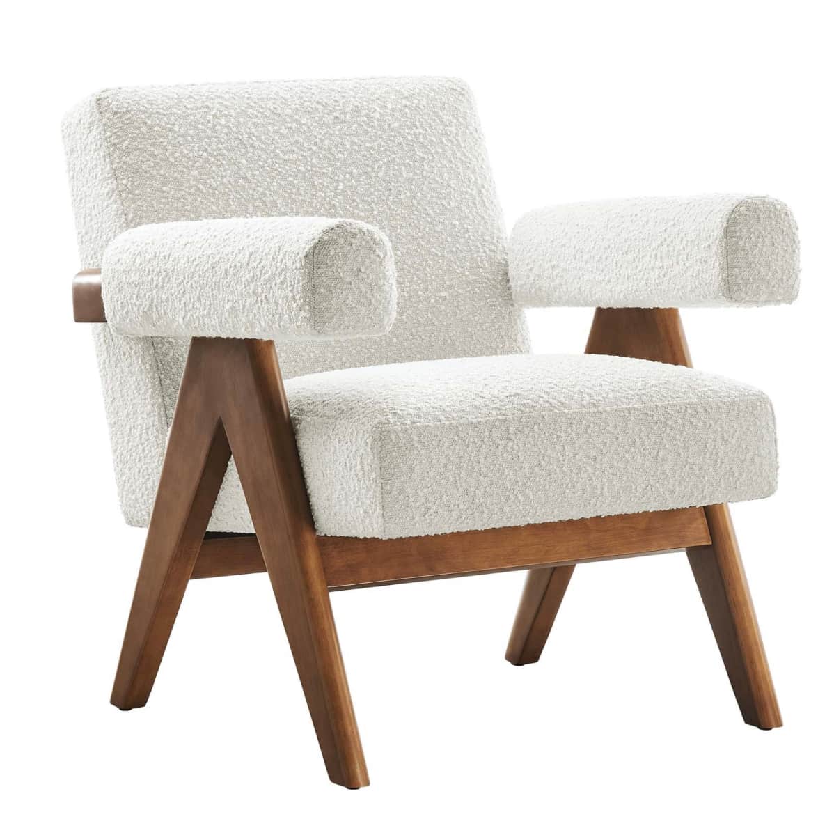 A single upholstered armchair featuring a wooden frame. The upholstery is a textured, boucle fabric… — free GLTF 3D model