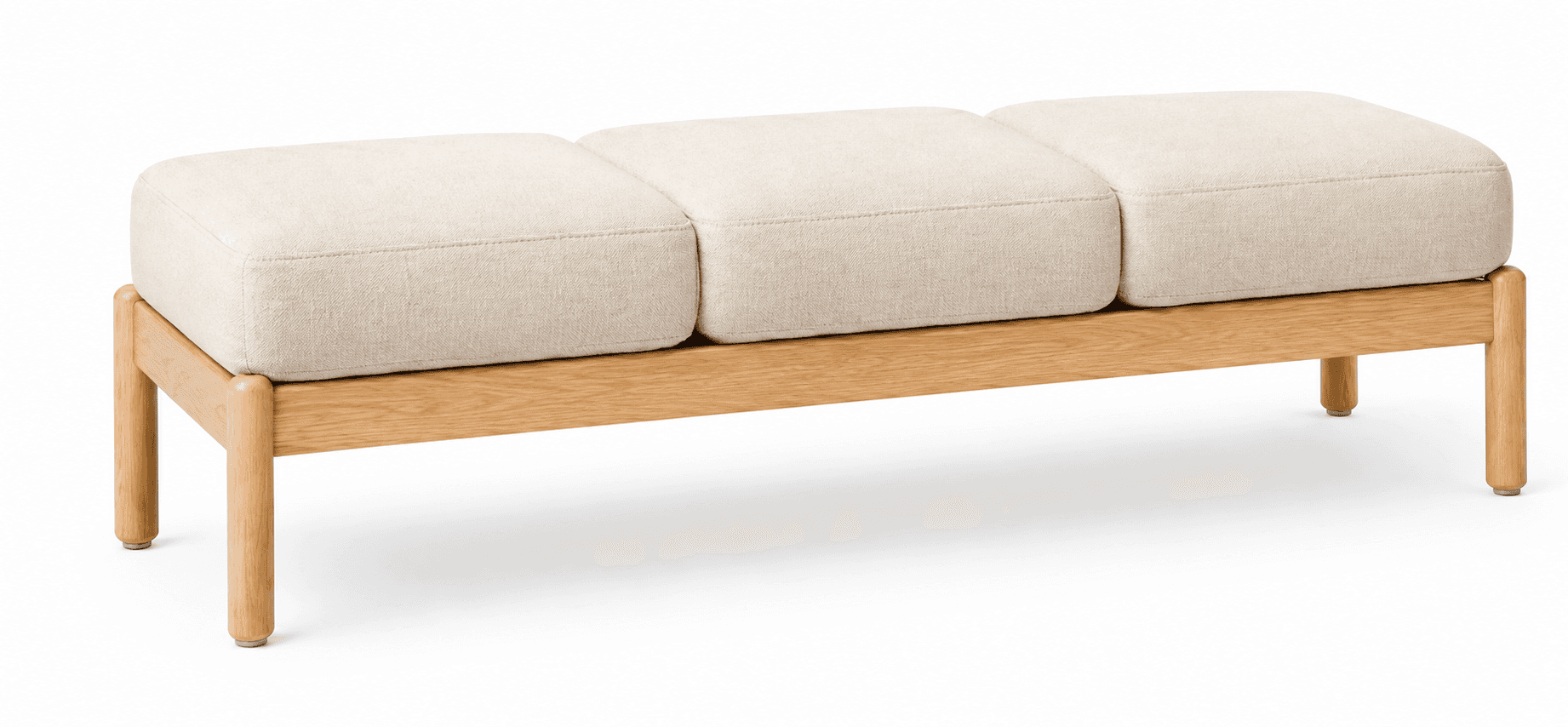 A modern bench with a wooden frame and a three-cushioned upholstered seat. The frame consists of a h… — free OBJ 3D model